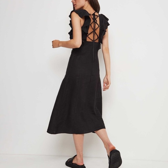 NEW RAILS Black CONSTANCE Linen FLUTTER SLEEVE Lace-up Back MIDI DRESS M - Picture 11 of 16